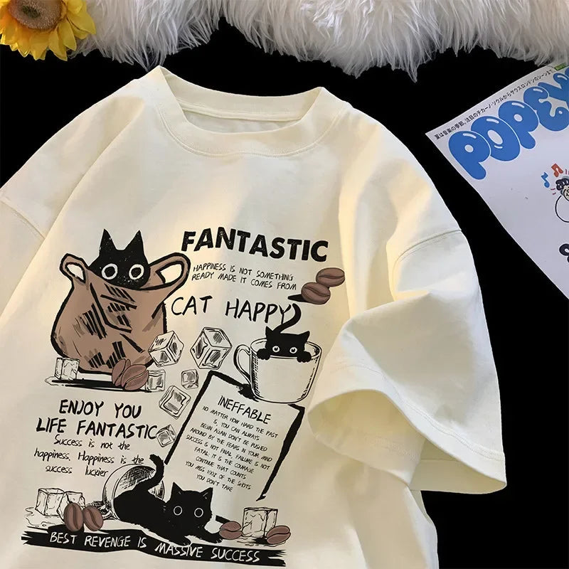 Unisex Cartoon Cat Graphic Short-Sleeve Oversized T-Shirt