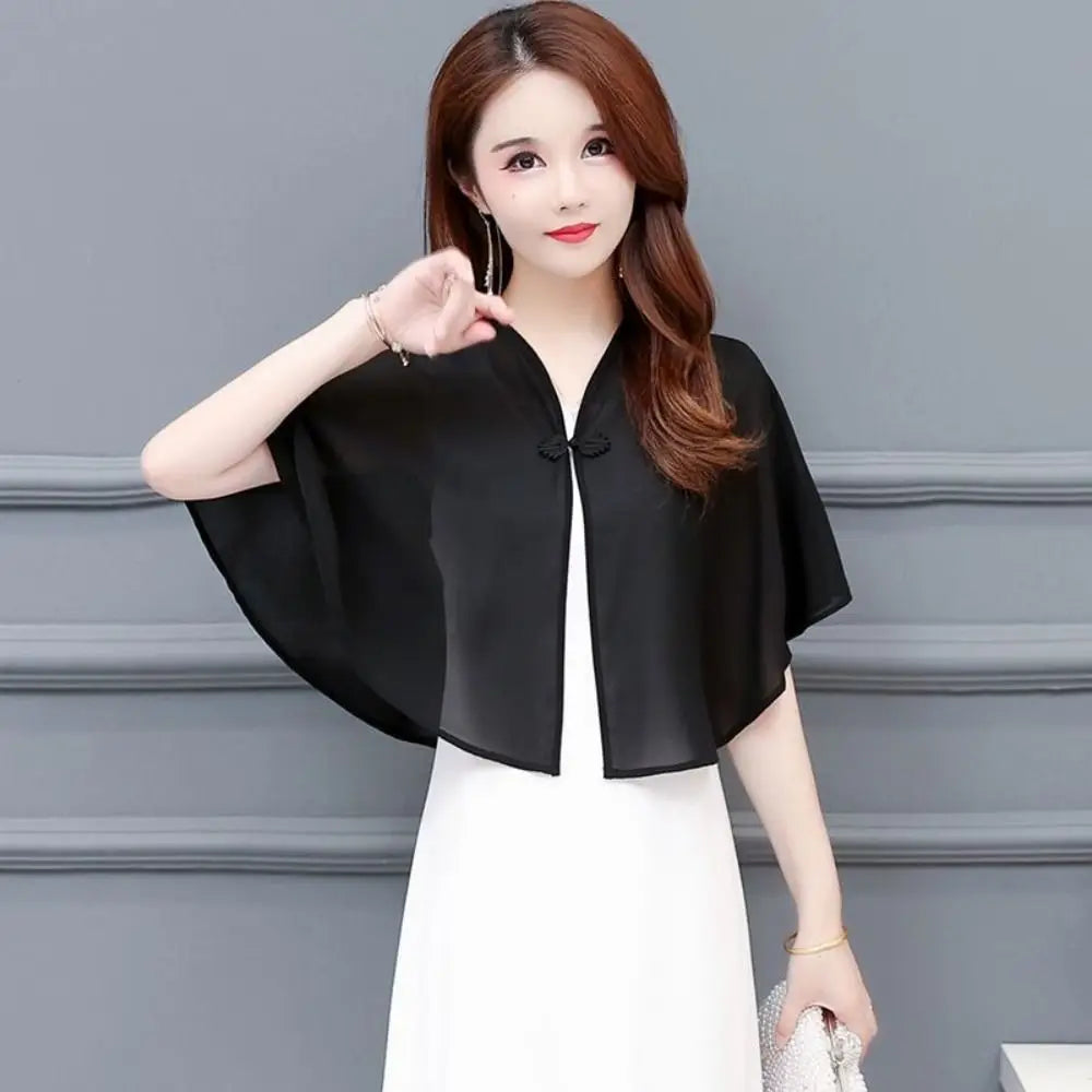 Short Clasp Front Chiffon Cape for Layering over Outfits