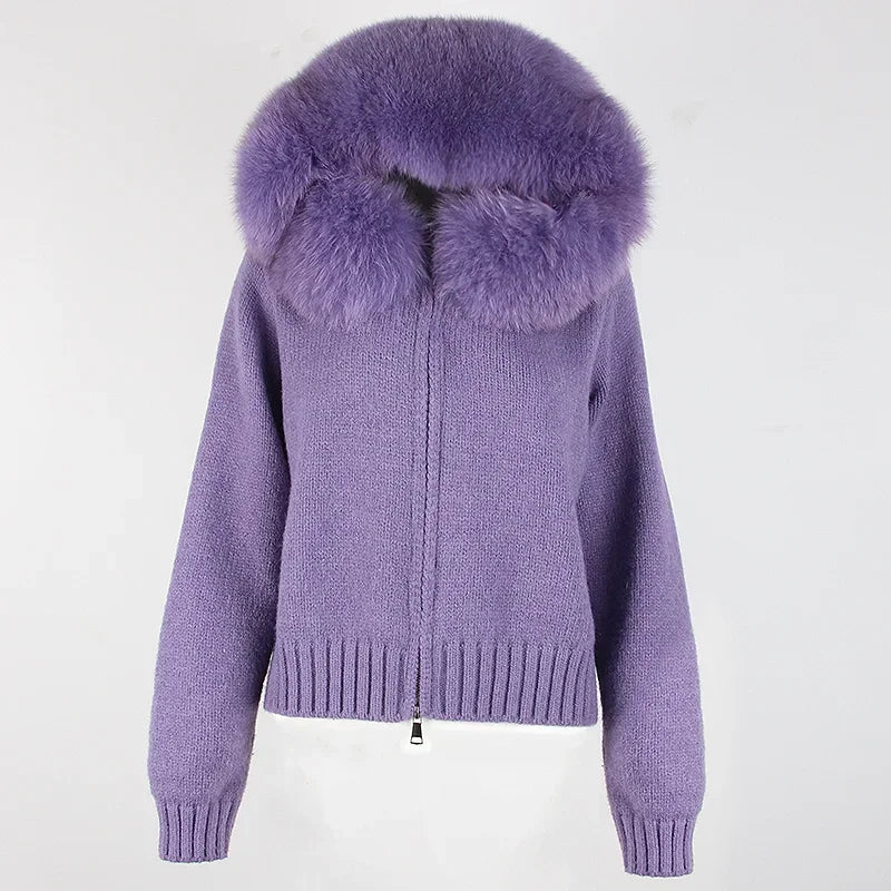 Women's Hooded Zip Front Fluffy Trim Jacket Casual Knit Layer