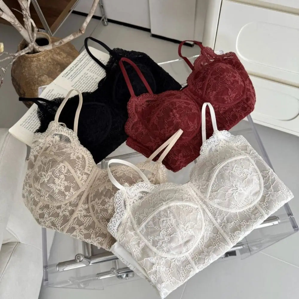 Women's Floral Lace Crop Top with Thin Shoulder Straps and Chest Pads