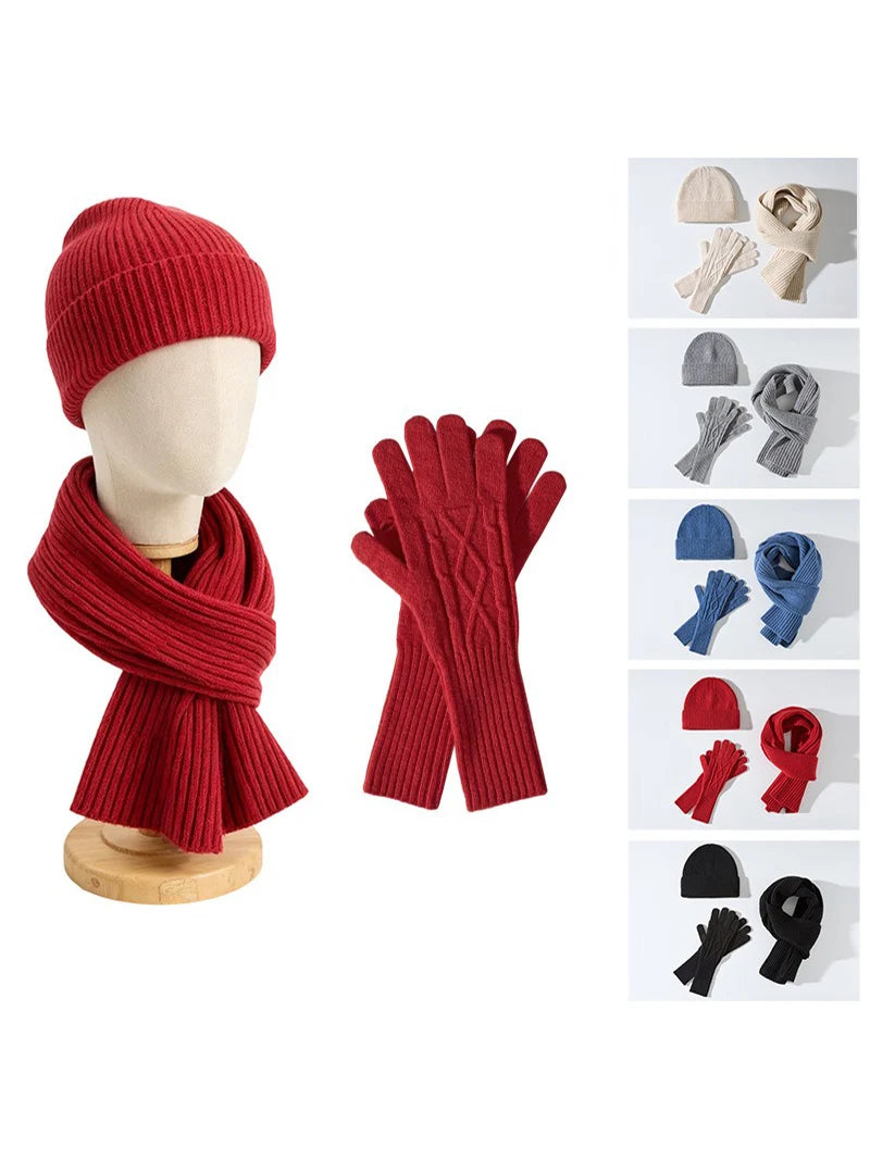 Ribbed Knitted Beanie Hat Scarf and Gloves Set for Winter Wear