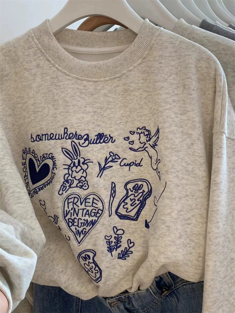 Embroidered Long Sleeve Pullover Casual Sweatshirt for Layering