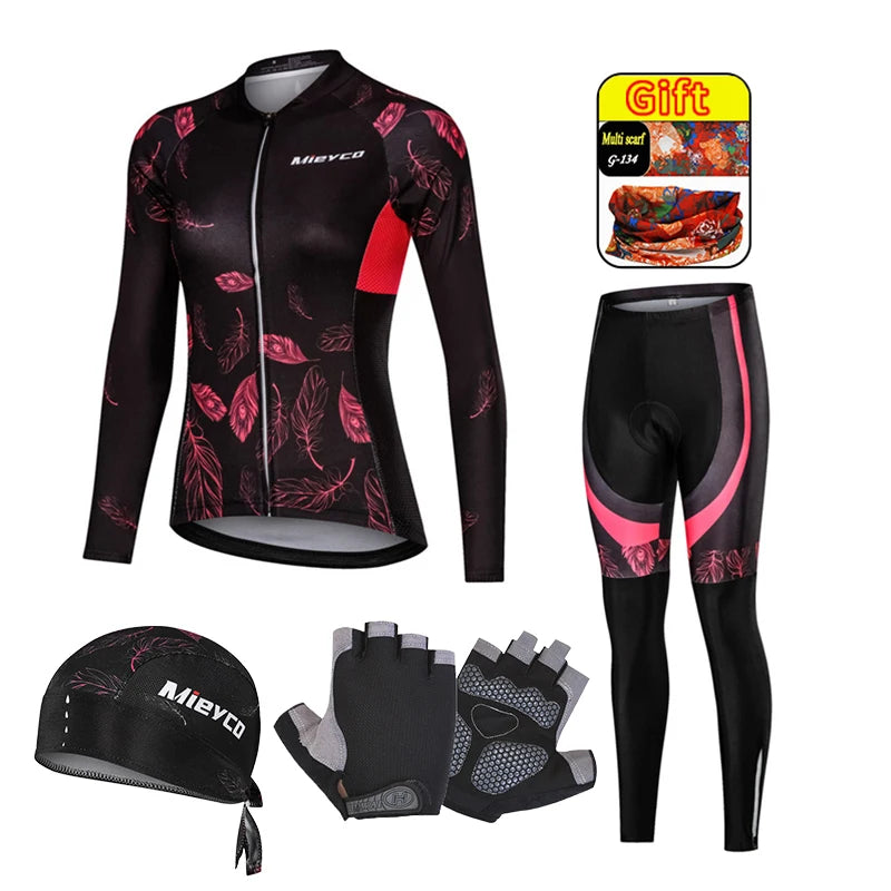 Women Long Sleeve Cycling Jersey Set MTB Bike Pants Kit Breathable Sportswear