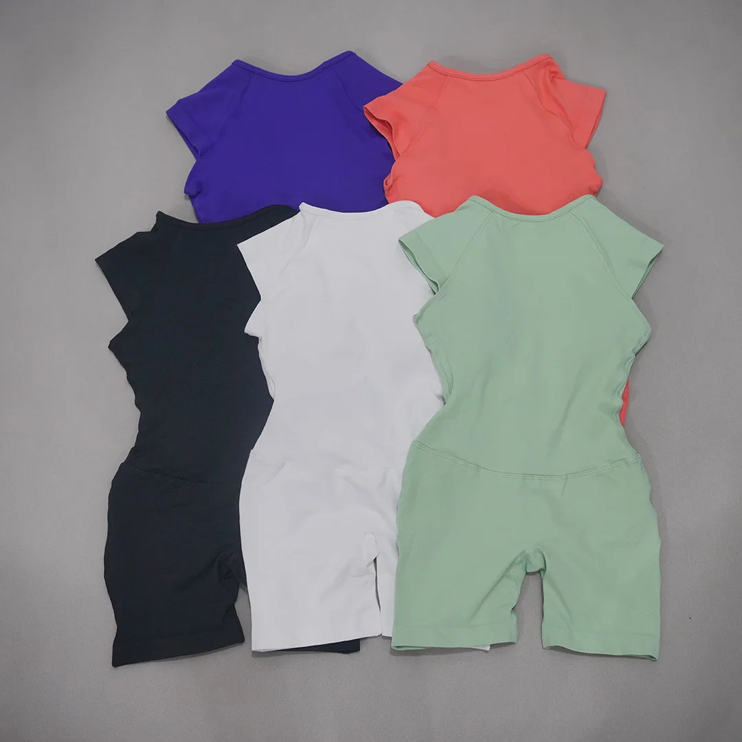 Women's Cap Sleeve Nylon Blend Workout Romper with Open Back