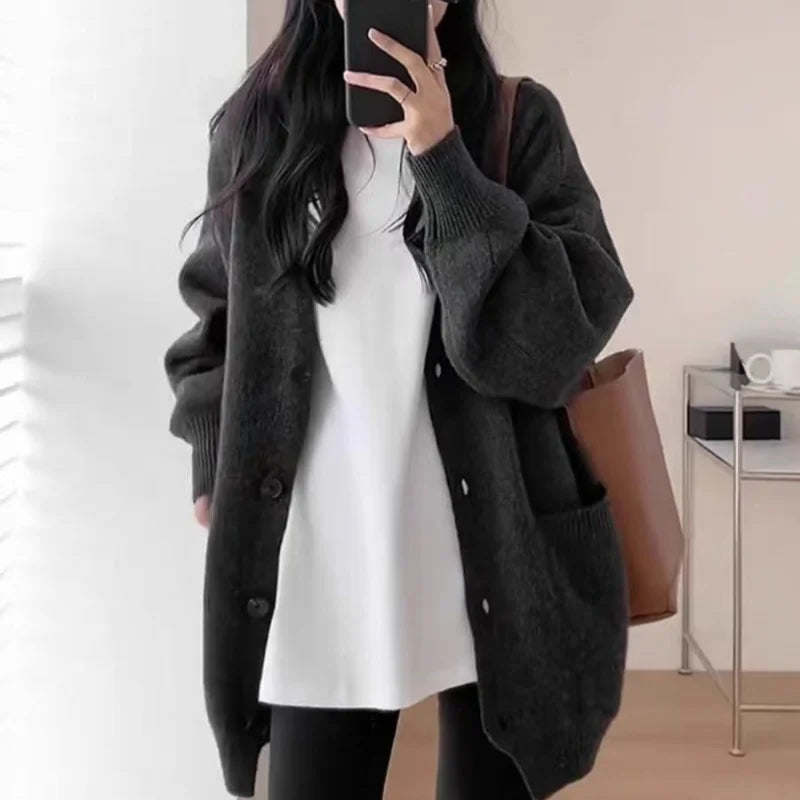 Elegant Versatile Round Neck Women's Autumn/Winter Loose Long-line Base Layer Sweater Wool Coat & Cashmere Knitted Cardigan