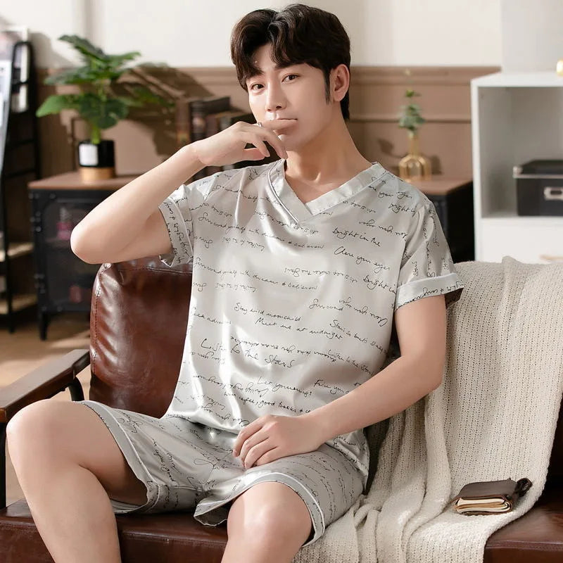 Men's Printed Short Sleeve Button Front Shirt and Shorts Pajama Set
