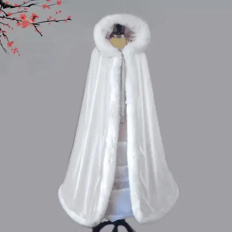 Long Hooded Plush Trim Cape for Layering over Outfits