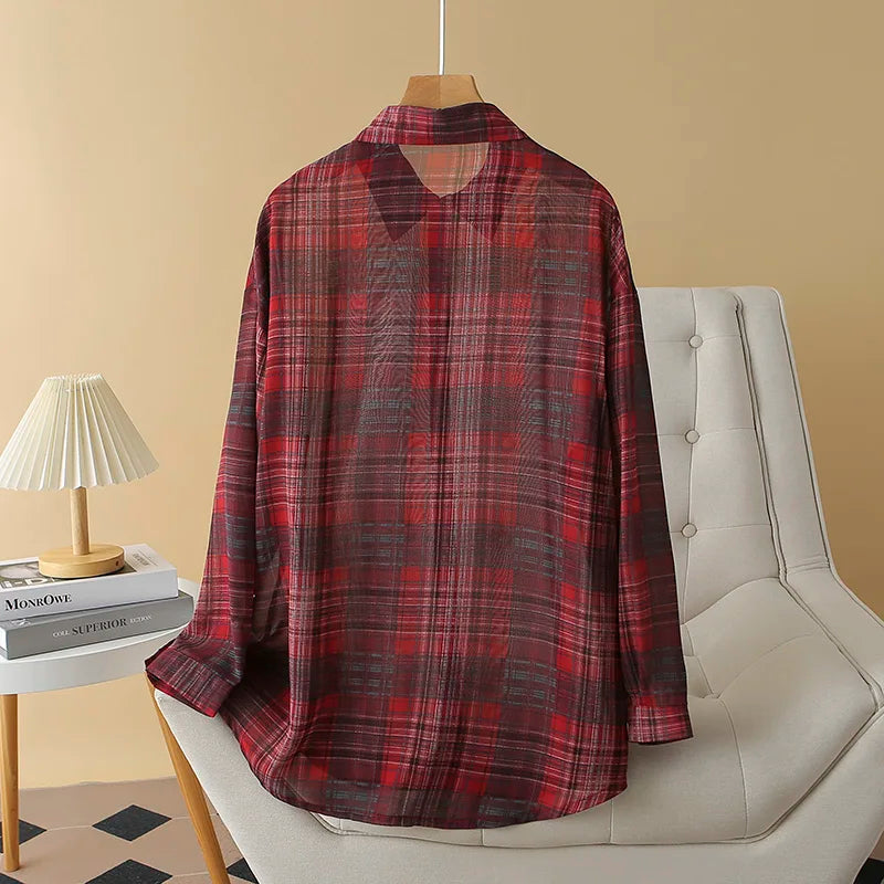 Women's Sheer Checked Short Sleeve Button Front Shirt