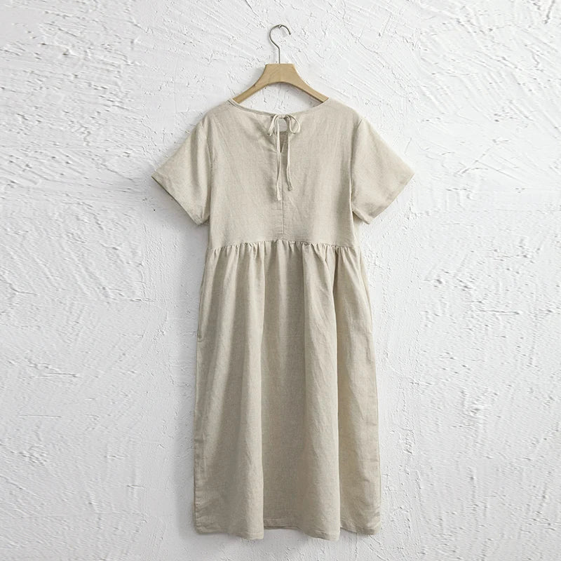 Women's Cotton-Linen Short-Sleeve Round-Neck A-Line Midi Dress with Pockets for Casual Outfits