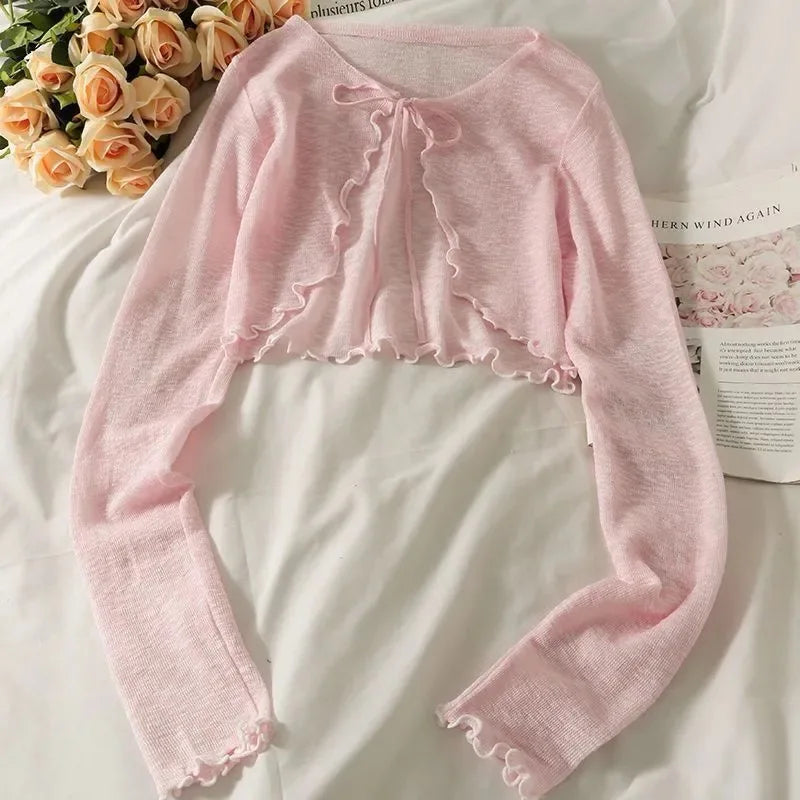 Women's Tie Front Cropped Long Sleeve Cardigan Casual Knit Layer