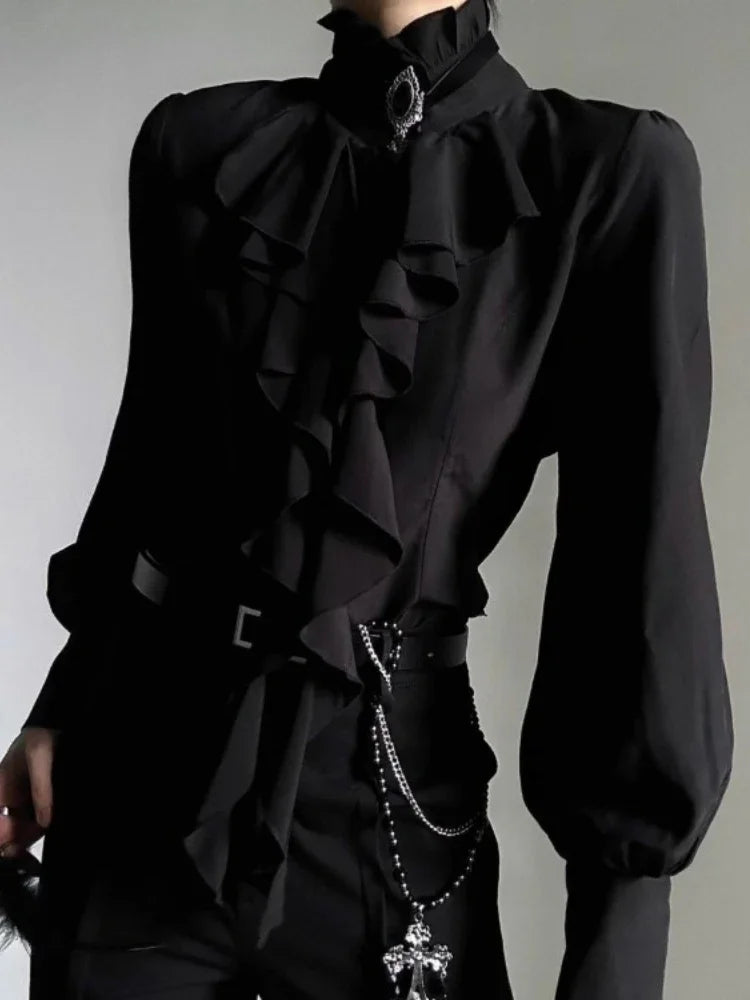 Women's Ruffled Stand Collar Long Sleeve Blouse