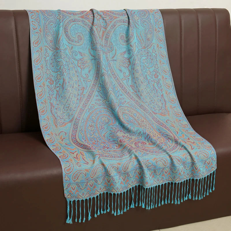 Paisley Floral Print Long Scarf with Fringed Ends