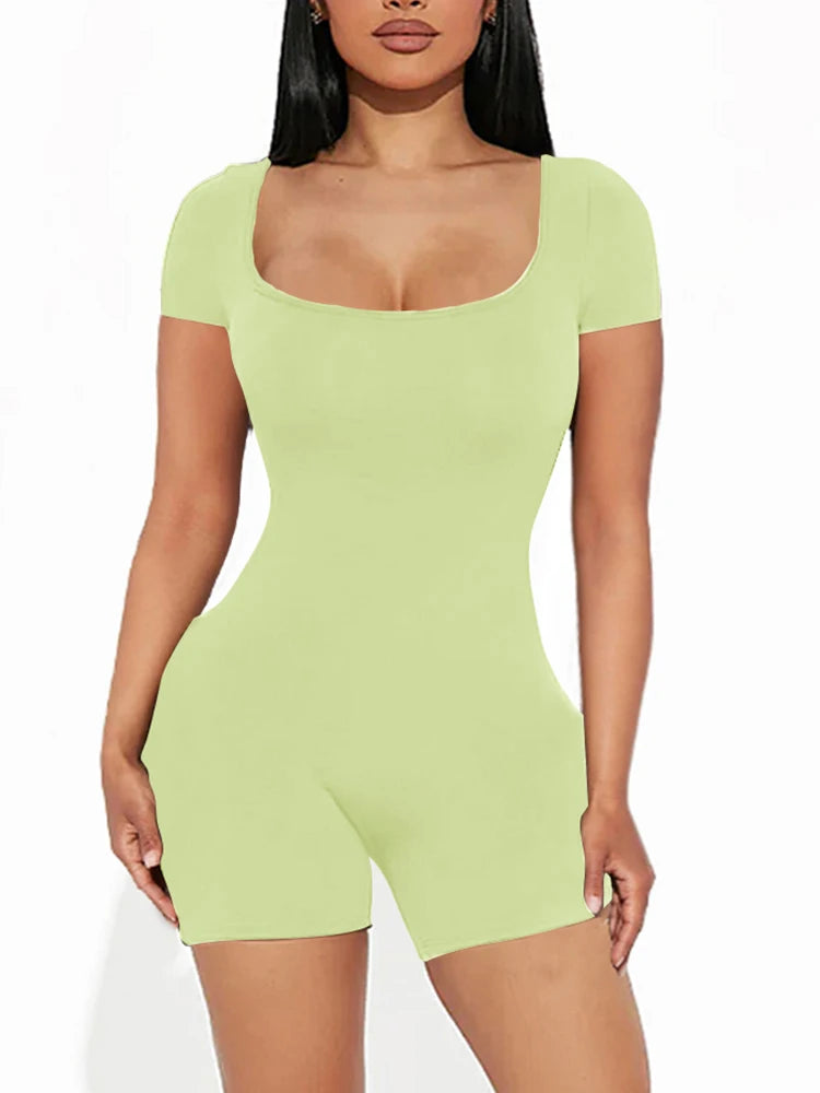 Women's Square Neck Short Sleeve Romper with Fitted Short Legs