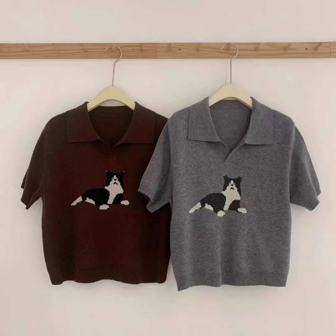 European vintage cat jacquard cashmere knitted short-sleeved women's lapel front-shoulder wool T-shirt, half-sleeved short top