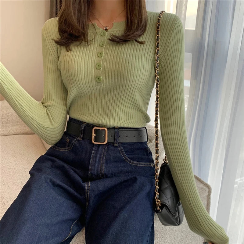 Women's Henley Short Placket Fitted Rib Sweater Casual Knit Layer
