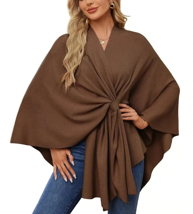 Ribbed Open Front Drape Poncho for Layering over Outfits