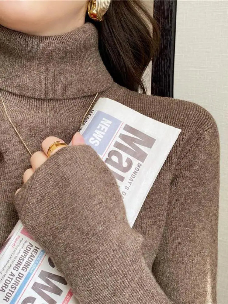 Women's Acrylic-Cotton Solid Long-Sleeve Turtleneck Slim-Fit Knit Pullover Sweater for Winter Outfits