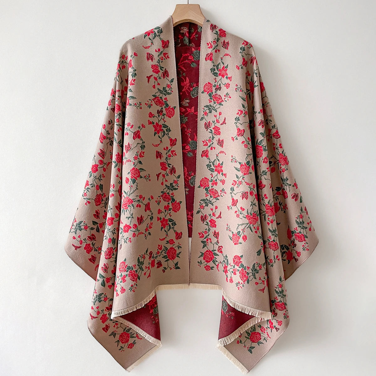 Floral Pattern Fringed Wrap Scarf for Layering over Outfits