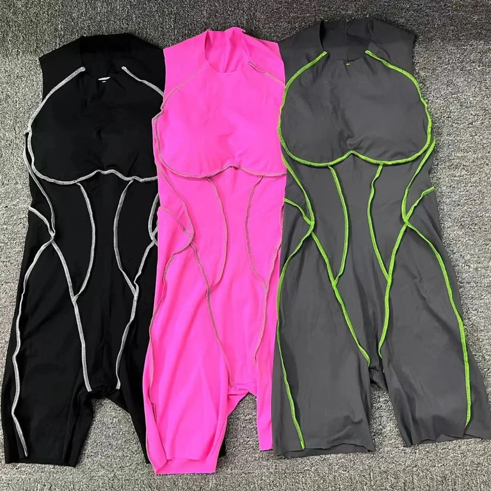 Women's High Neck Nylon Workout Romper with Racerback and Contrast Seams