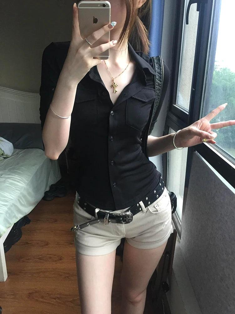 Women's Fitted Collared Three Quarter Sleeve Button Front Shirt