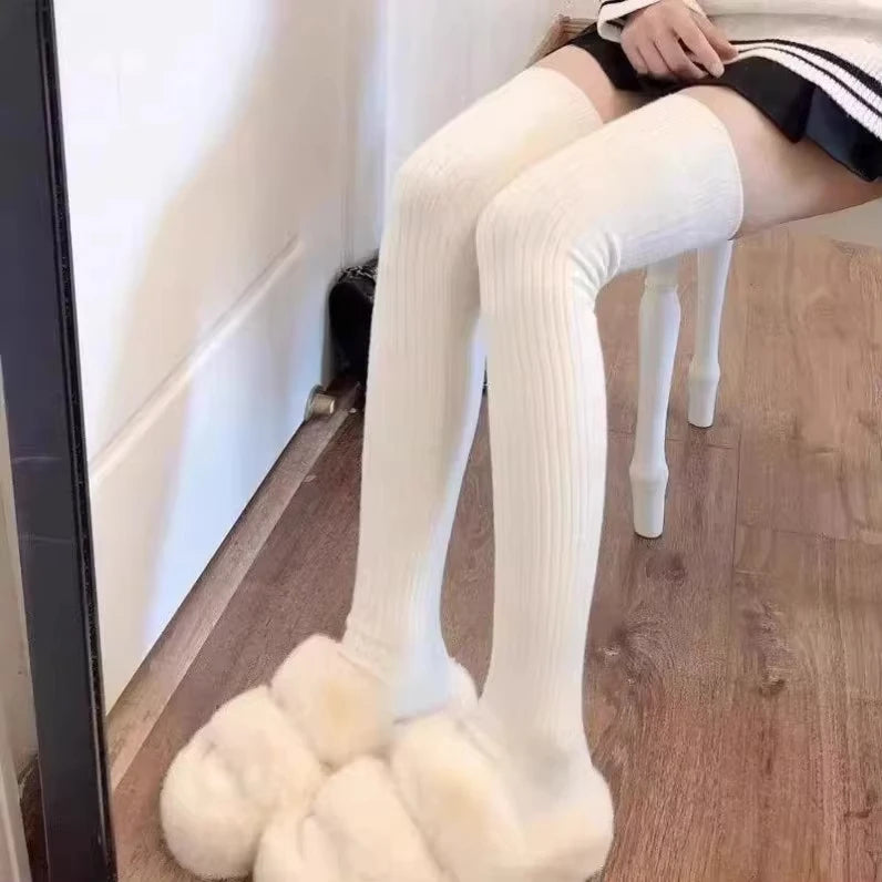 Solid Ribbed Thigh High Socks with Long Footed Shape