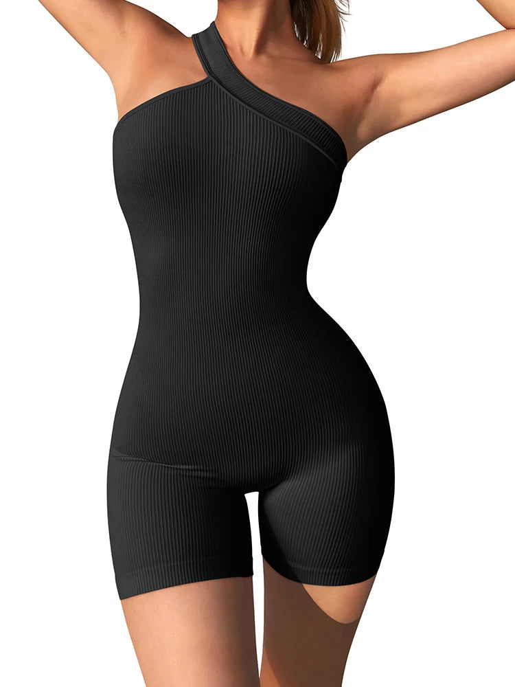Women's One Shoulder Ribbed Nylon Blend Romper with Fitted Short Legs