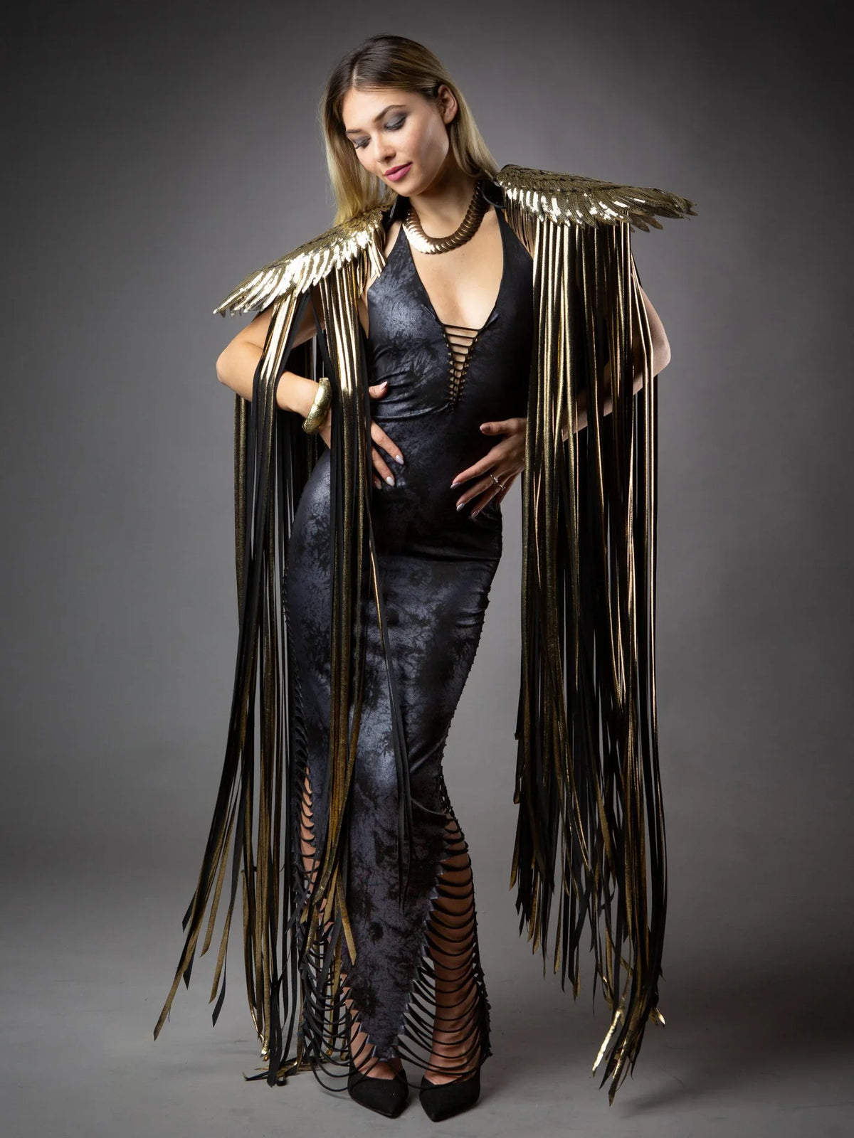 Metallic Wing Fringe Cape for Stage and Costume Layering