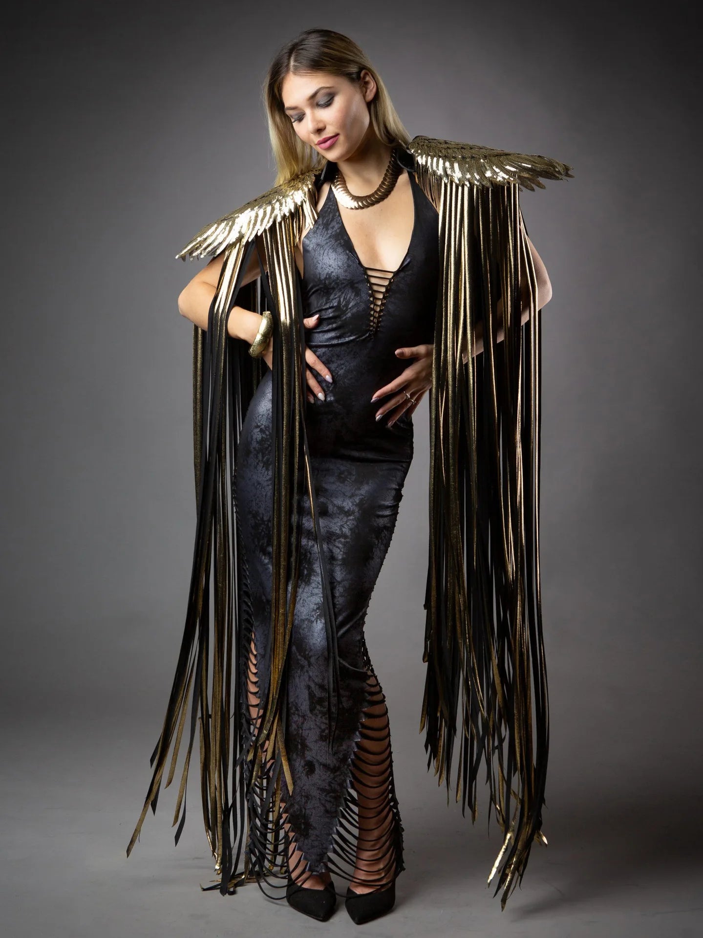 Metallic Wing Fringe Cape for Stage and Costume Layering