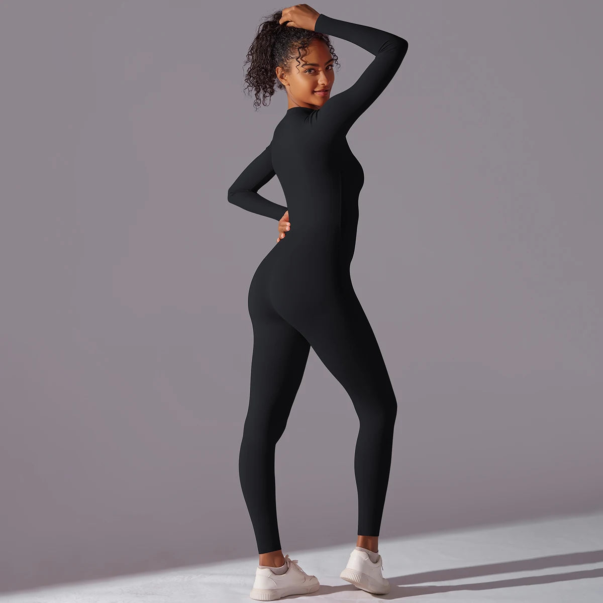 Women's Long Sleeve Nylon Blend Workout Jumpsuit with Round Neck