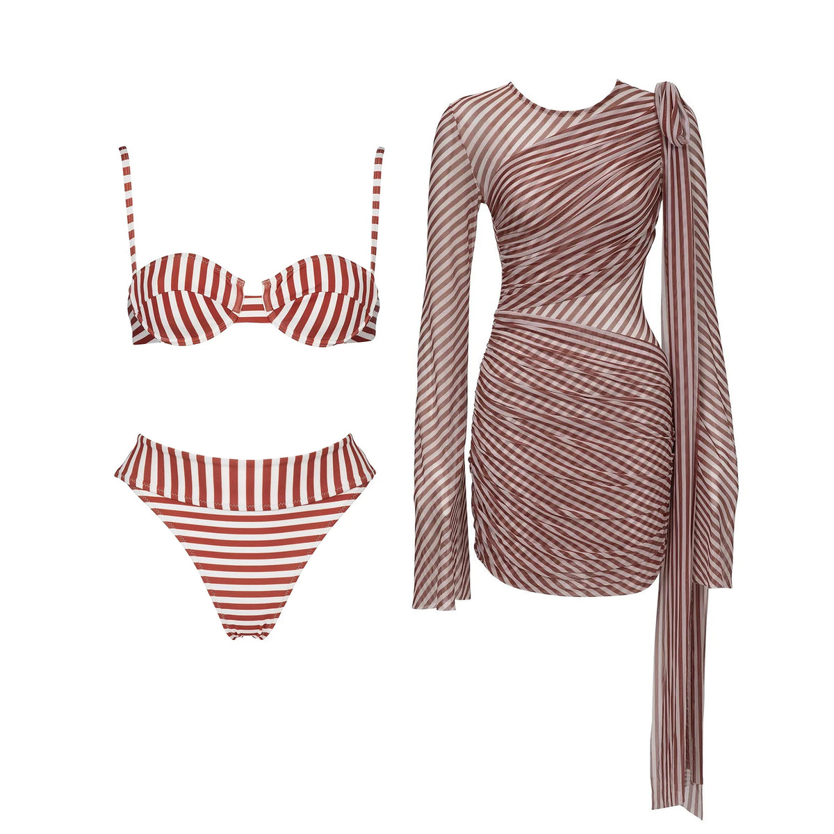 Striped Cutout One-Piece Swimsuit with Long Skirt