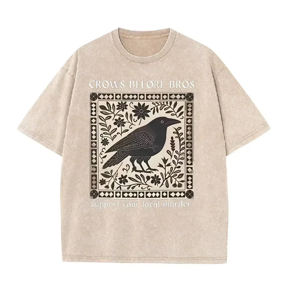 Distressed Vintage Washed Tee Vintage Square Crow Floral Print Support Local Murder Funny Slogan Loose T Shirts
