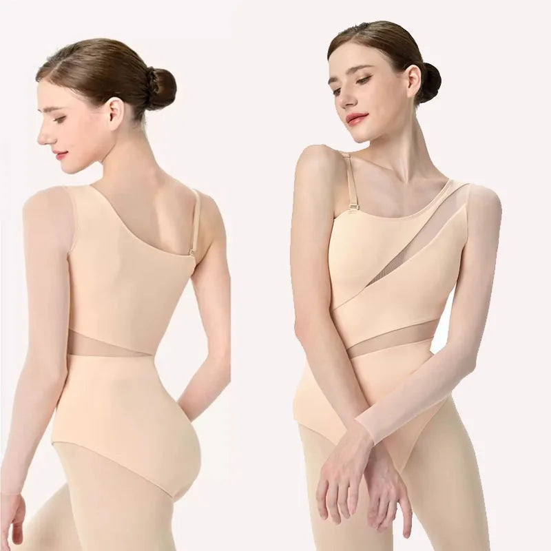 Women's Asymmetric Mesh Ballet Leotard with Diagonal Bodice and Long Sleeve