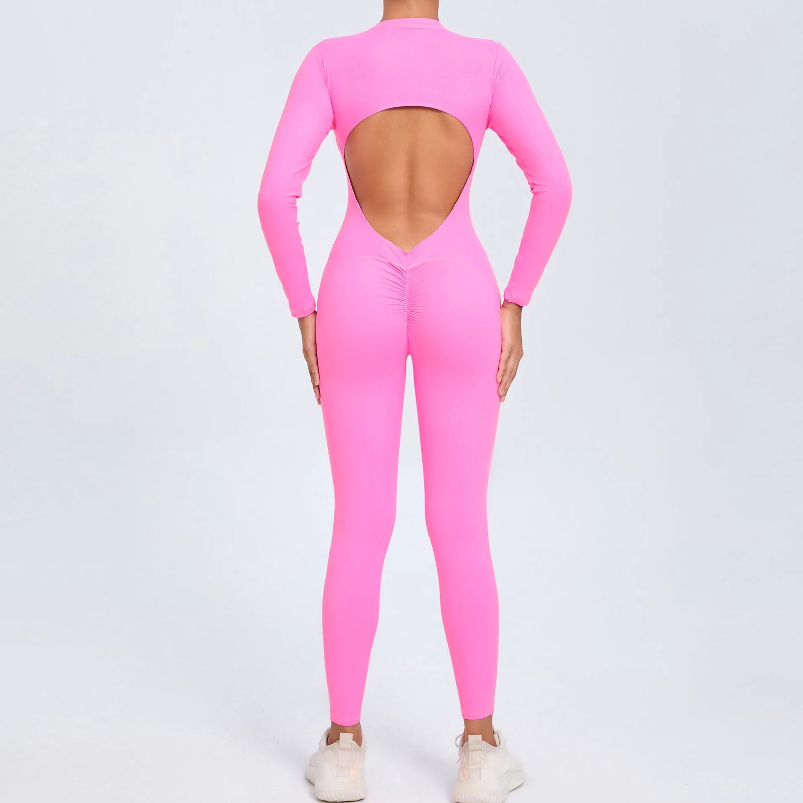 Women's Long Sleeve Nylon Blend Workout Jumpsuit with Oval Back Cutout