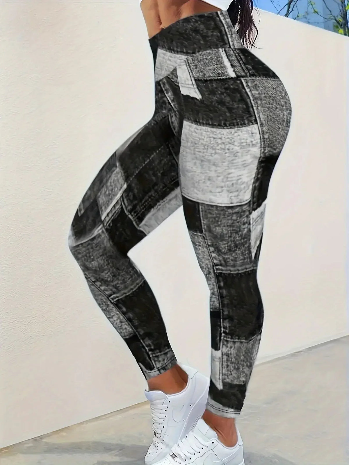 High Waist Full Length Denim Print Fitted Casual Leggings