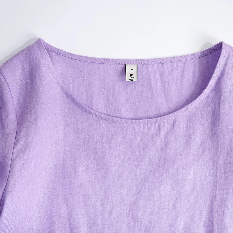 Women's Linen Loose Round-Neck Three-Quarter-Sleeve Blouse with Asymmetric Hem for Summer Outfits