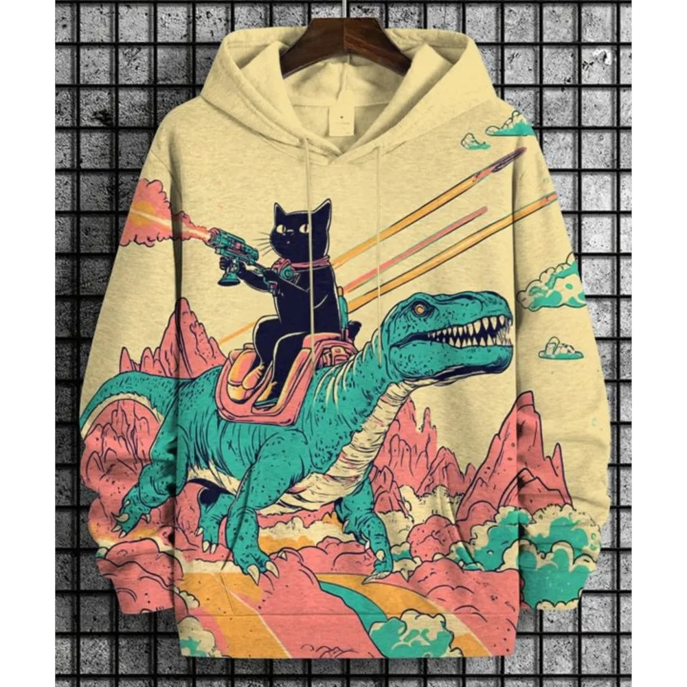 Cat Dinosaur and UFO Graphic Long-Sleeve Pullover Hoodie