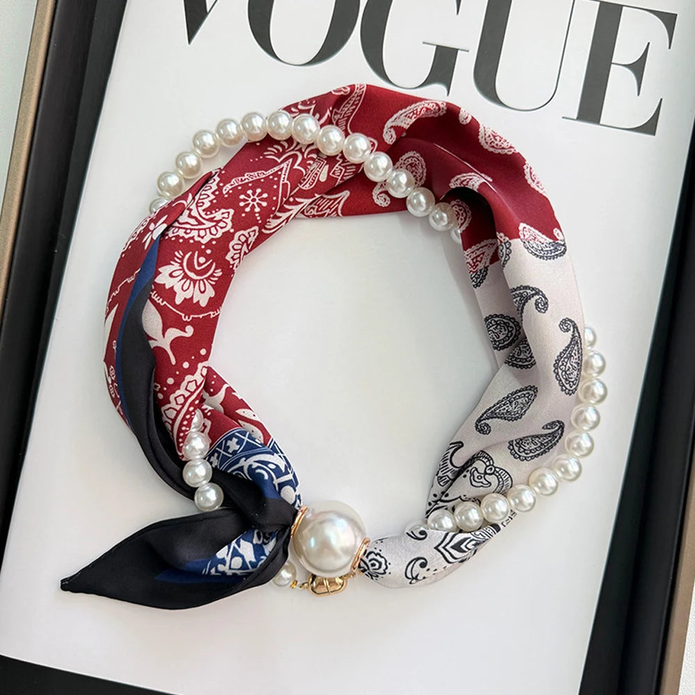 Printed Neck Scarf with Decorative Pearl Style Clasp Options