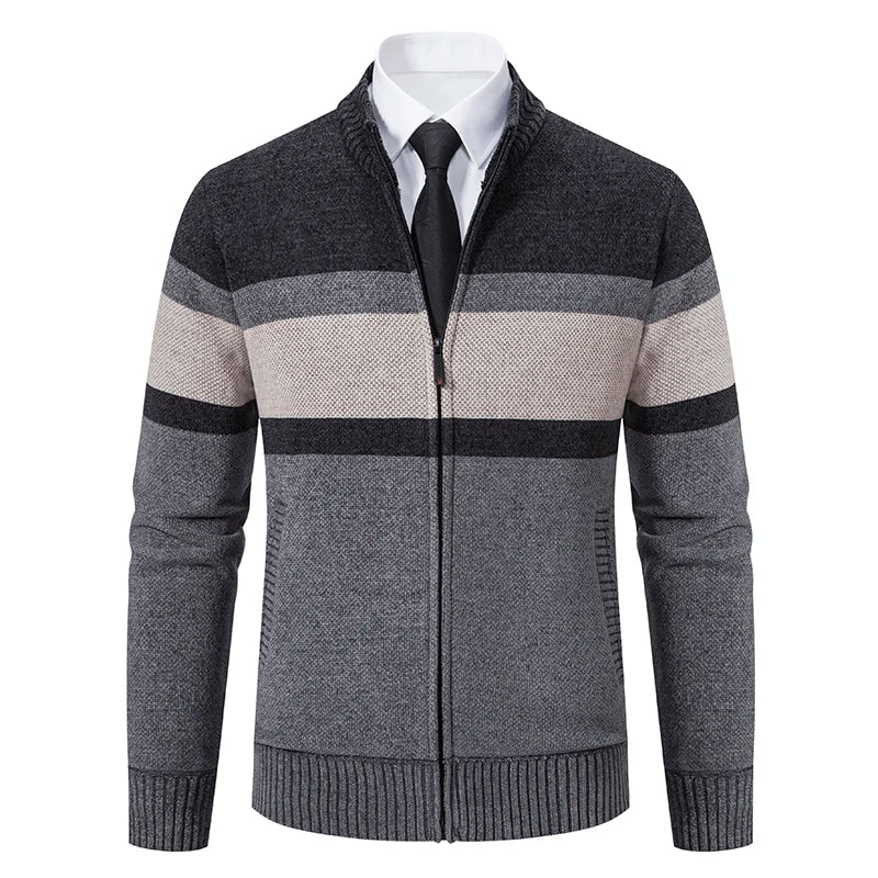 Men's Contrast Stripe Zip Front Knit Cardigan