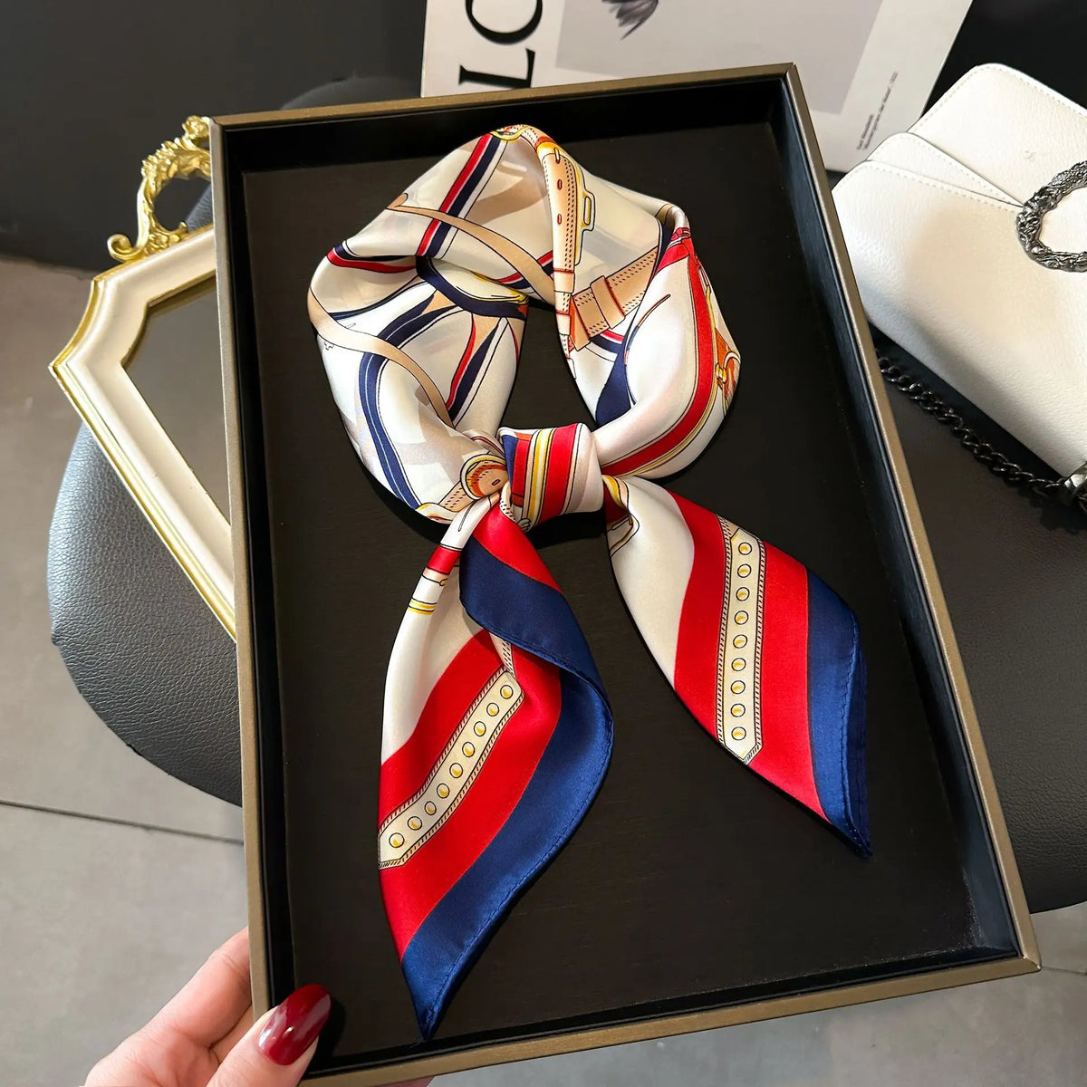 Chain Print Square Scarf with Decorative Border Designs