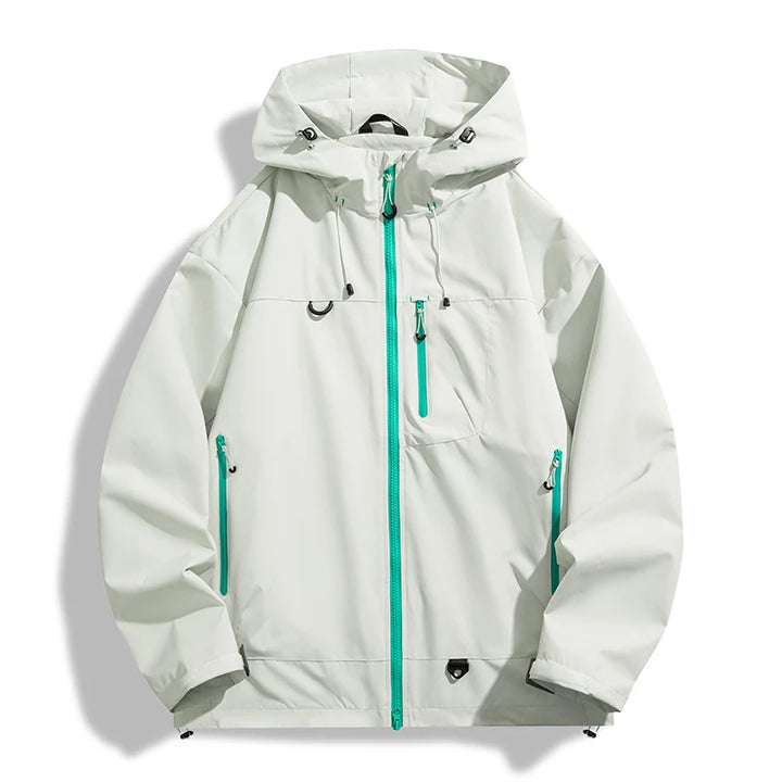 Light gray hooded outdoor jacket with front zipper