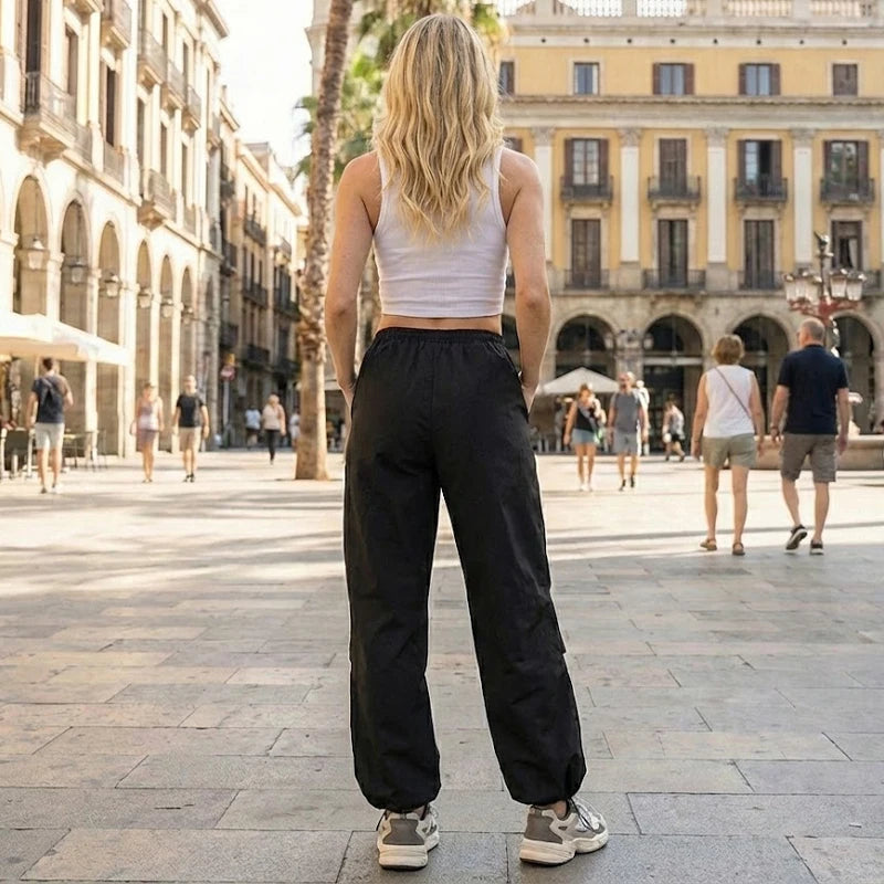 Women's Parachute Cargo Pants with Drawstring Waist and Adjustable Cuffs
