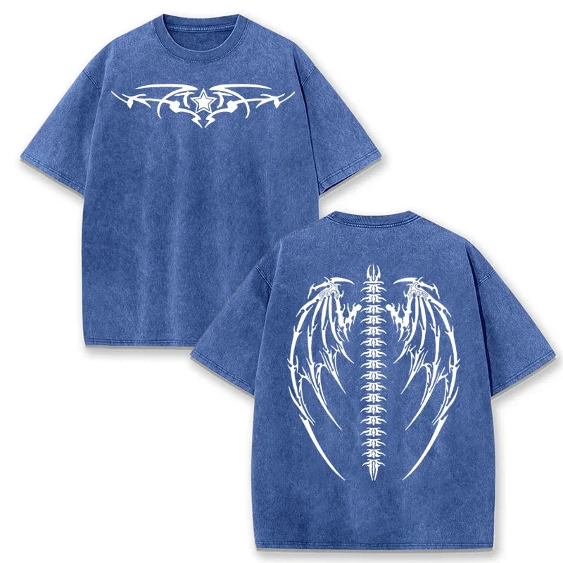 Gothic Tribal Wing Spine Print Vintage Washed Gray Y2K Casual Graphic T Shirt