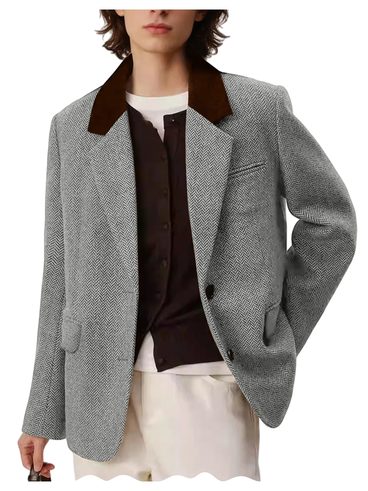 Men's Herringbone Two-Button Notch-Lapel Blazer with Contrast Collar
