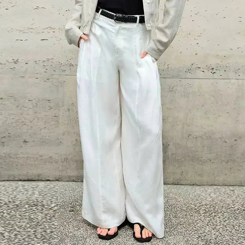 Women's Linen High-Waist Loose Wide-Leg Full-Length Pants with Pockets and Zipper Fly