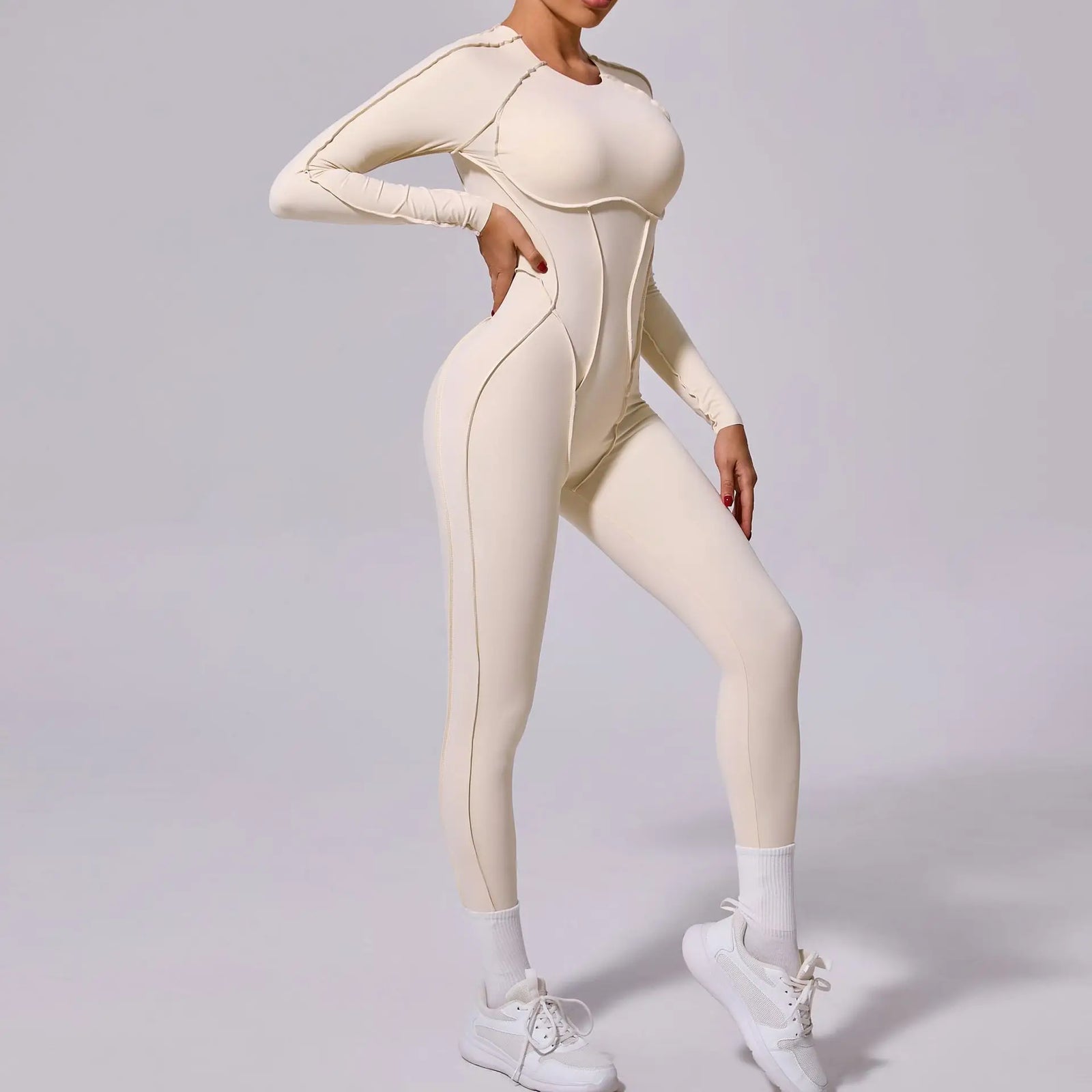 Women's Long Sleeve Nylon Blend Workout Jumpsuit with Back Cutout