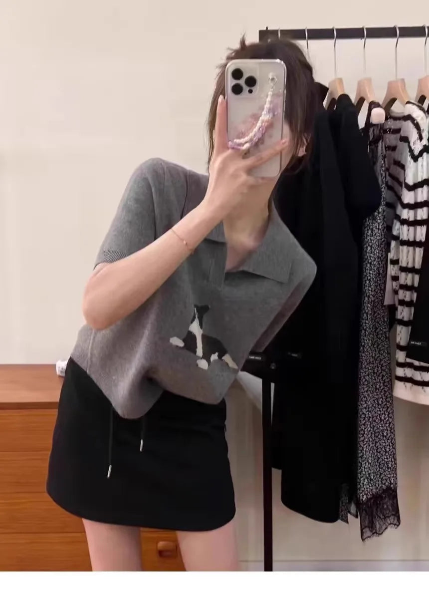 European vintage cat jacquard cashmere knitted short-sleeved women's lapel front-shoulder wool T-shirt, half-sleeved short top