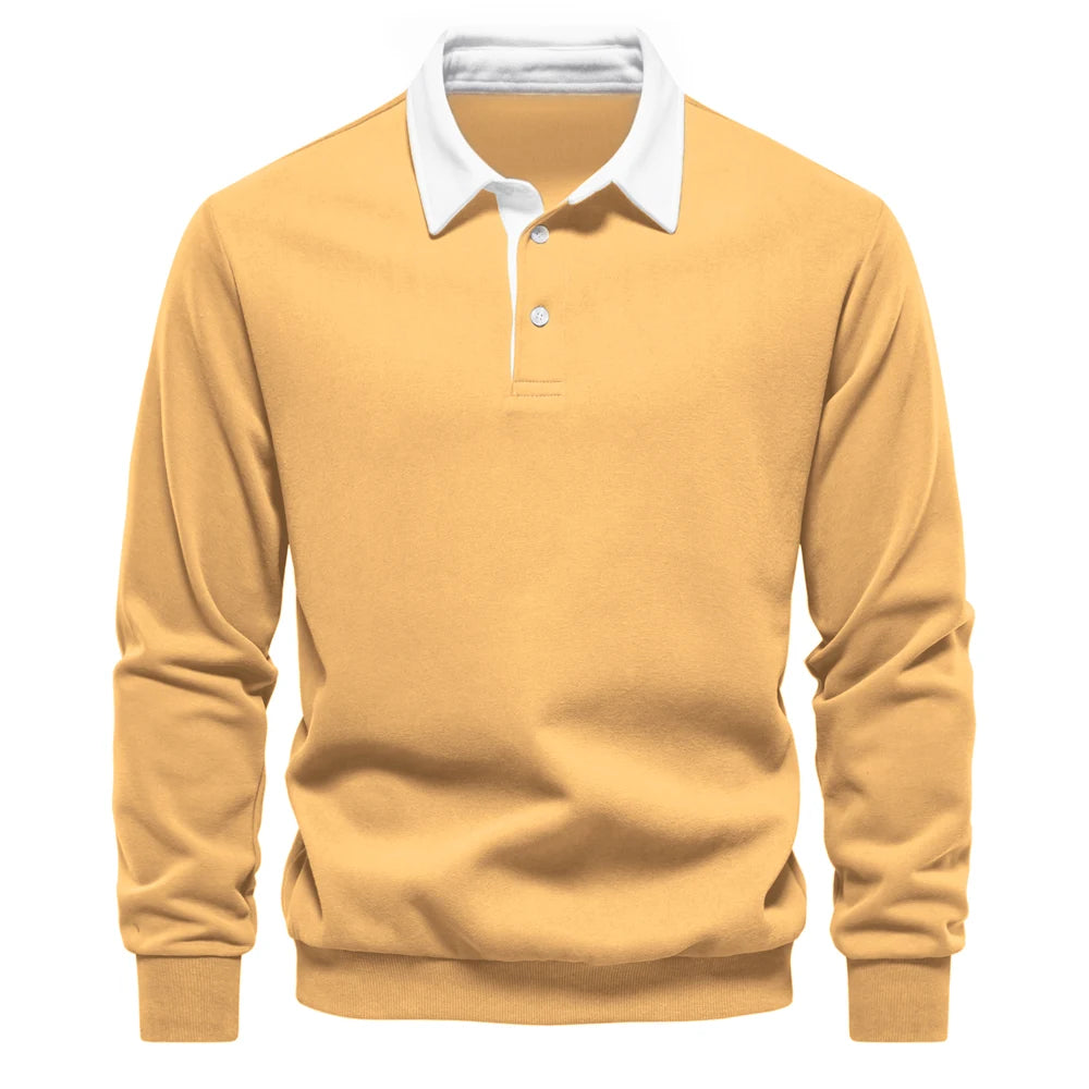 Men's Polo-Collar Long-Sleeve Button-Neck Sweatshirt