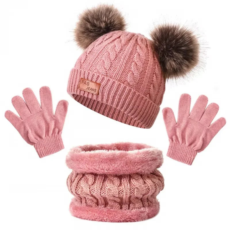 Children's Pom-Pom Hat Scarf and Gloves Knitted Set for Winter Wear