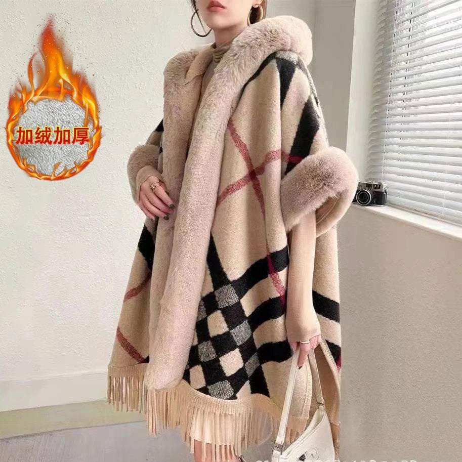 Plaid Hooded Fringed Poncho for Layering over Outfits