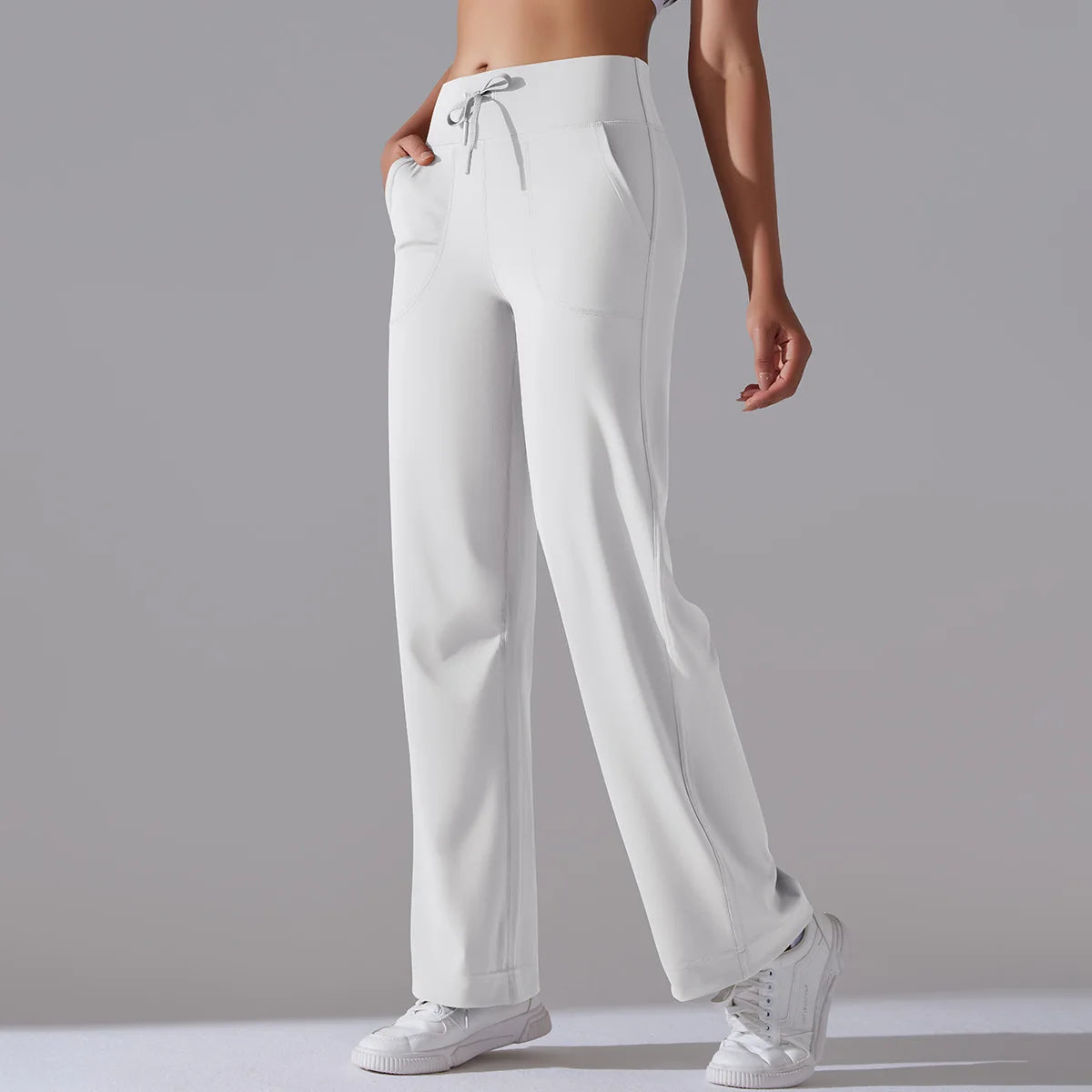 Women's Drawstring Waist Nylon Blend Wide Leg Pants with Extended Length Options